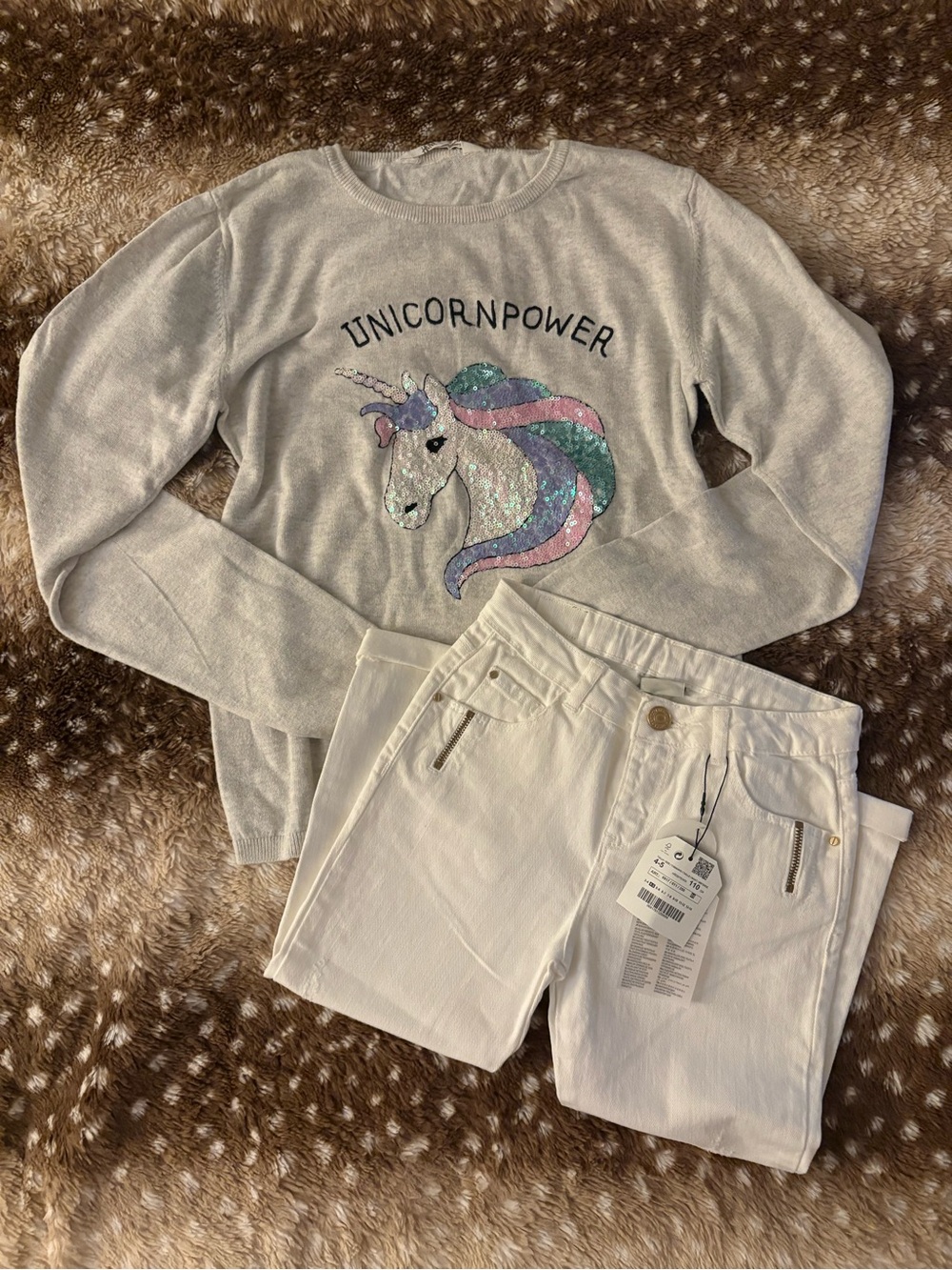 Zara Kids Unicorn Sequin Sweater + Zara Kids Straight White Jeans